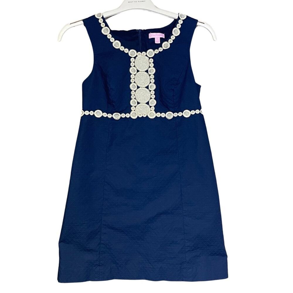 Lilly Pulitzer navy sleeveless dress gold trim short classic comfy lightweight